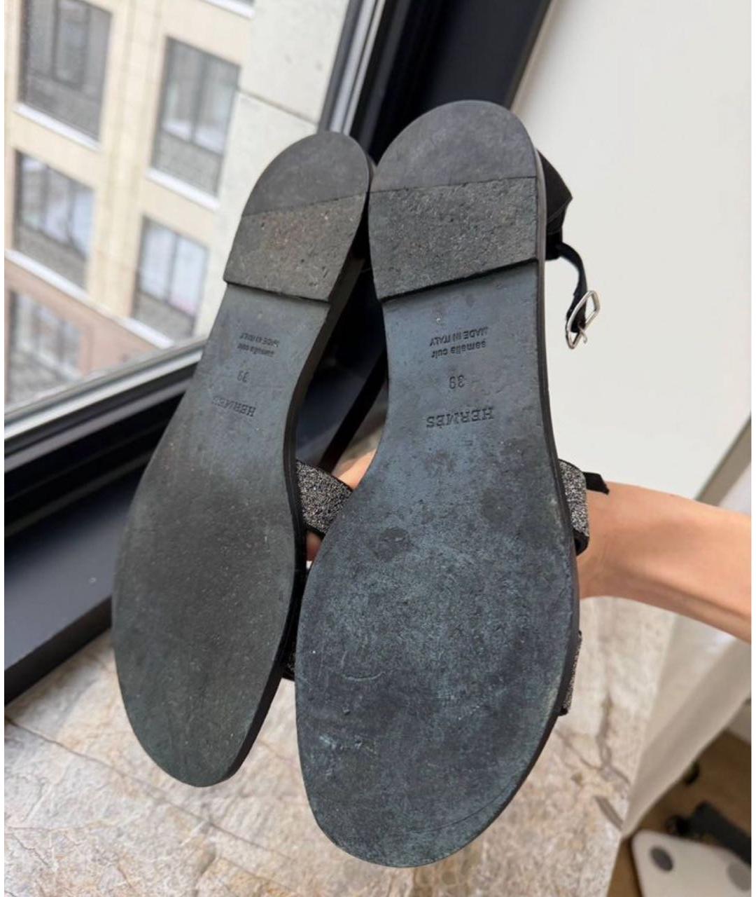 HERMES Антрацитовые кожаные босоножки, фото 4
