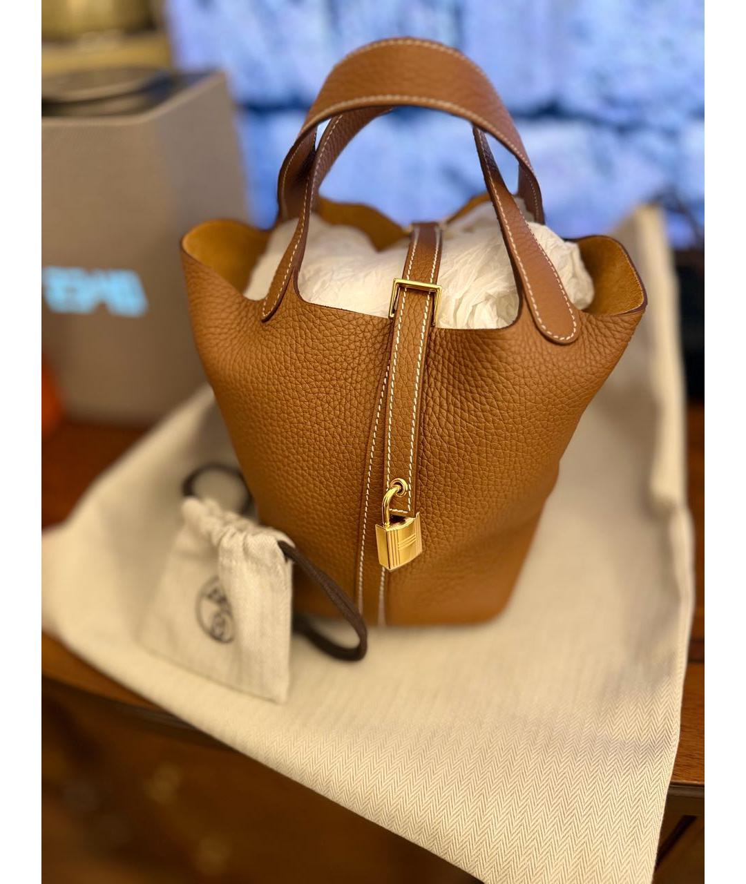 HERMES Коричневая кожаная сумка с короткими ручками, фото 5