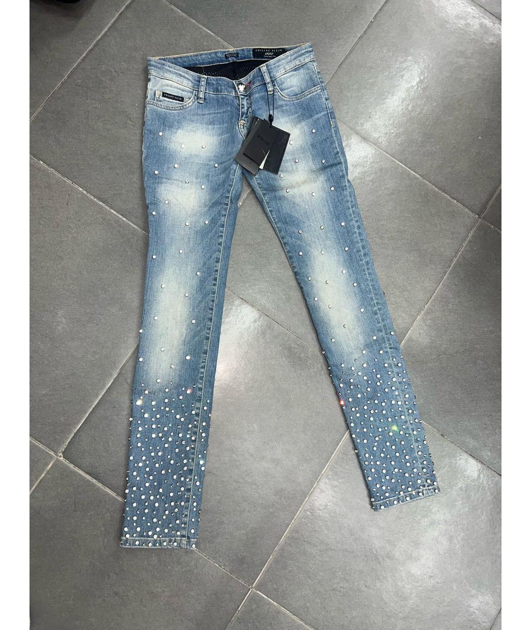 PHILIPP PLEIN Голубые хлопко-эластановые прямые джинсы, фото 3