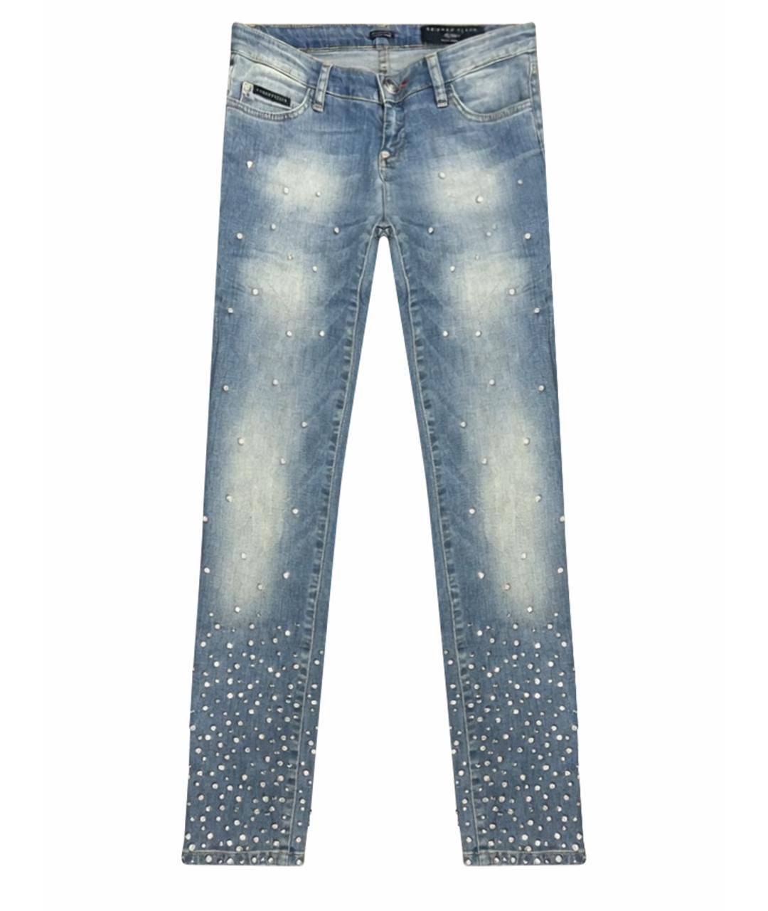 PHILIPP PLEIN Голубые хлопко-эластановые прямые джинсы, фото 1