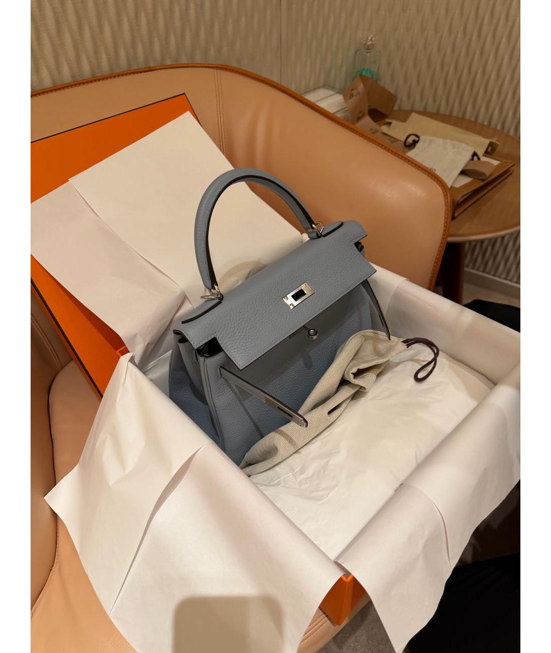 HERMES Голубая кожаная сумка тоут, фото 6