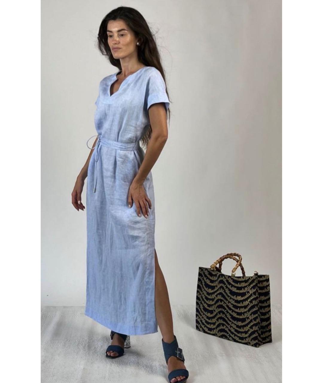 PESERICO Голубое льняное повседневное платье, фото 8