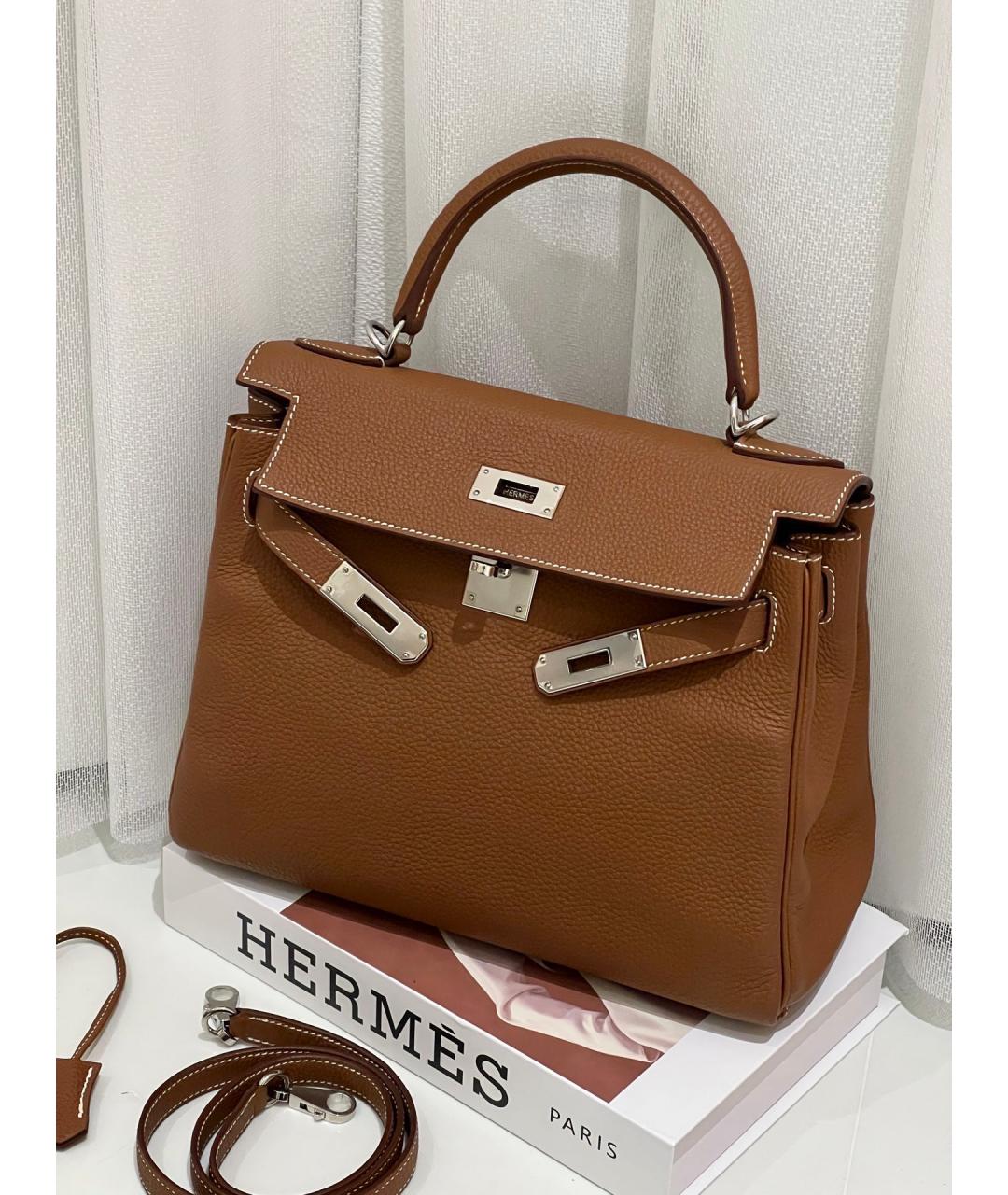 HERMES Коричневая кожаная сумка с короткими ручками, фото 6