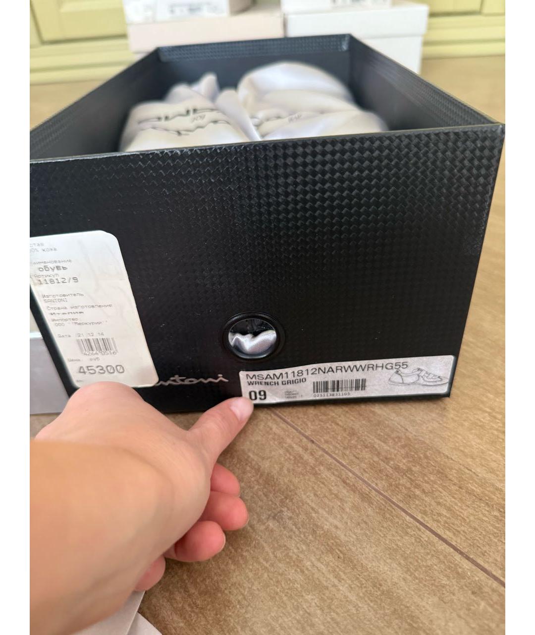 SANTONI Антрацитовые кожаные низкие кроссовки / кеды, фото 8