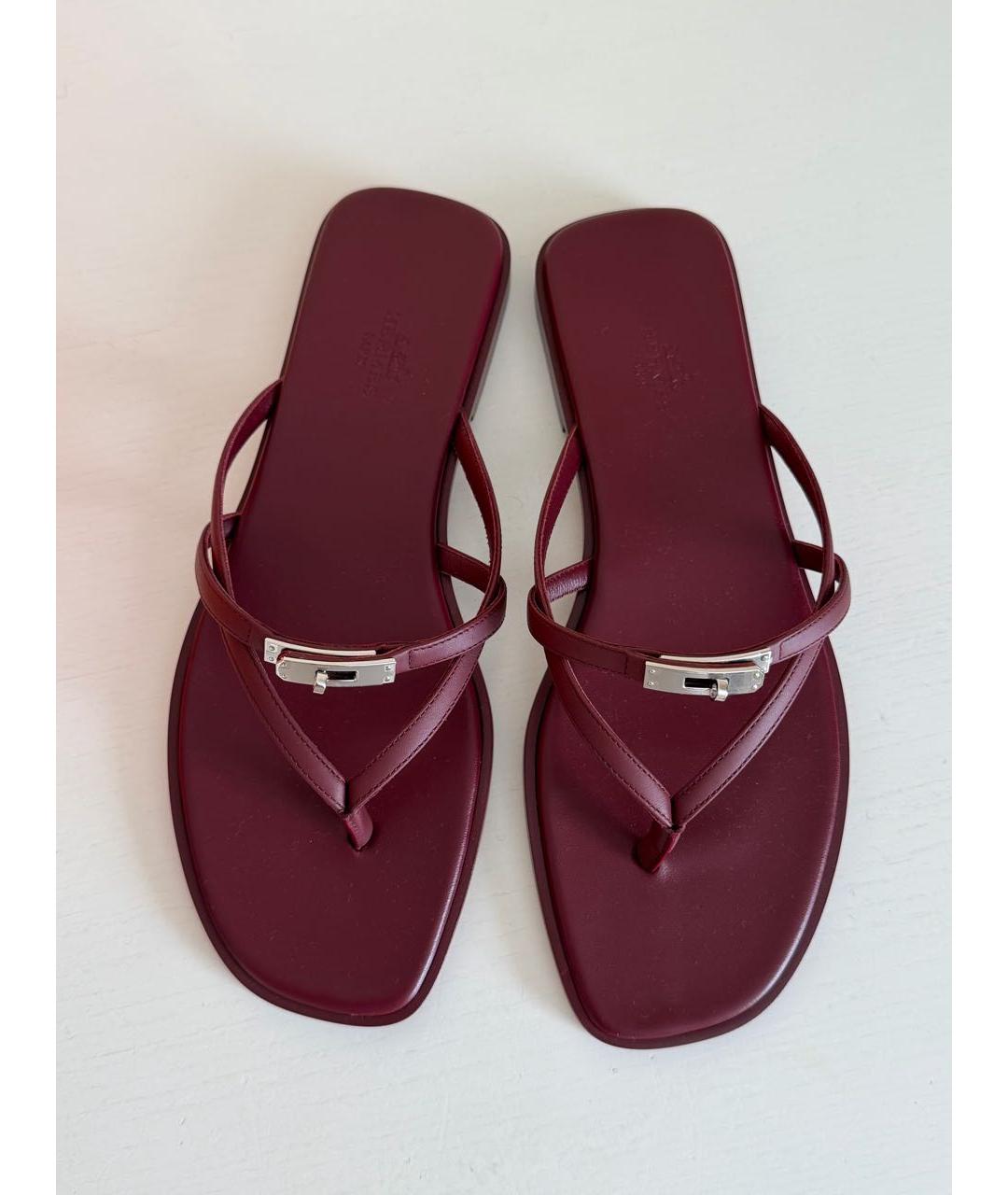 HERMES Бордовые кожаные шлепанцы, фото 4