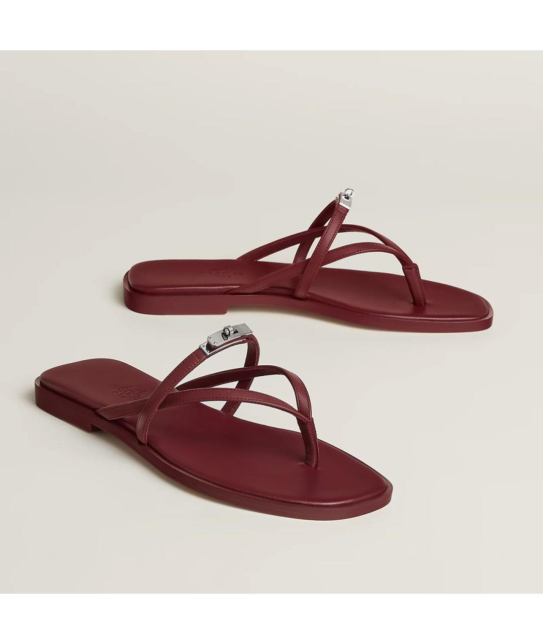HERMES Бордовые кожаные шлепанцы, фото 2