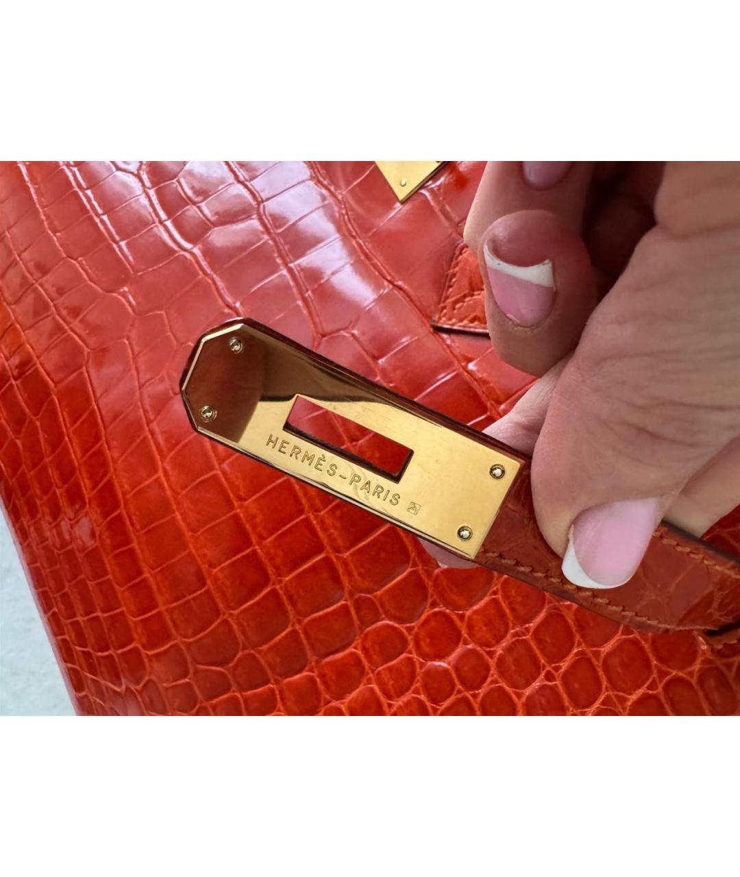 HERMES Оранжевая сумка с короткими ручками из лакированной кожи, фото 8