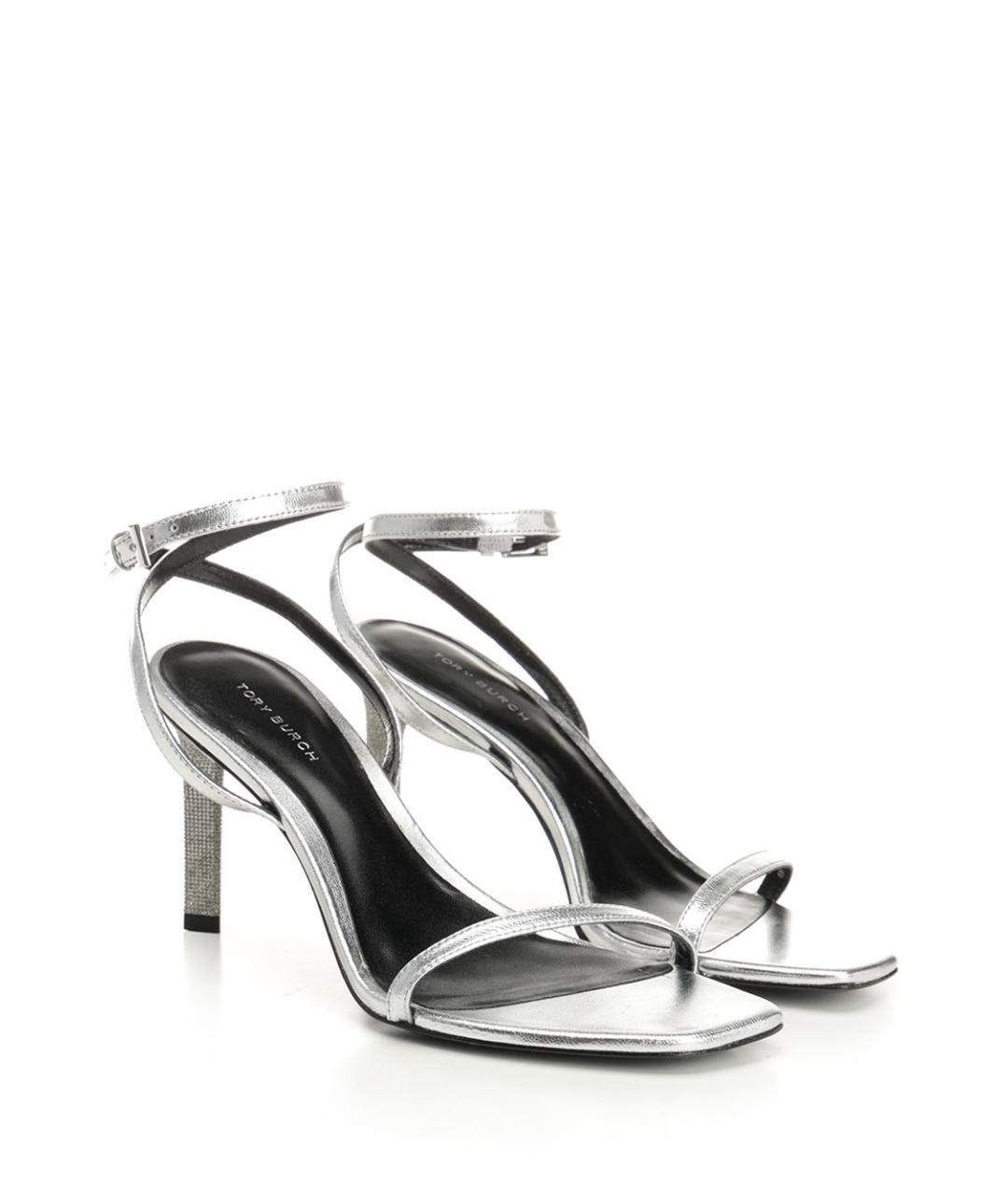 TORY BURCH Серебряные кожаные босоножки, фото 2