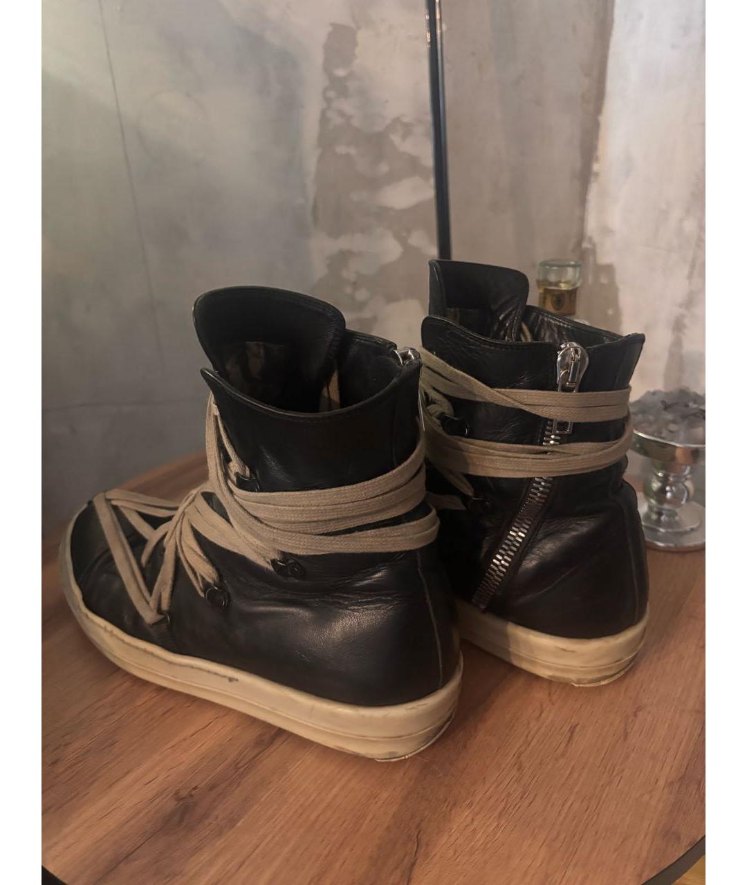 RICK OWENS Черные кожаные высокие кроссовки / кеды, фото 4