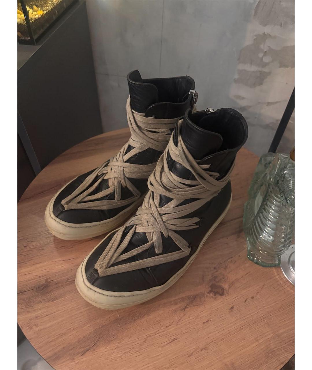 RICK OWENS Черные кожаные высокие кроссовки / кеды, фото 2