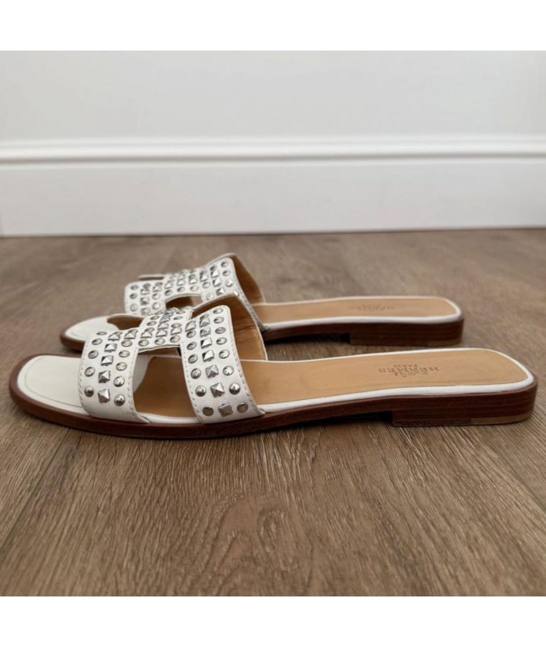 HERMES Белые кожаные шлепанцы, фото 9