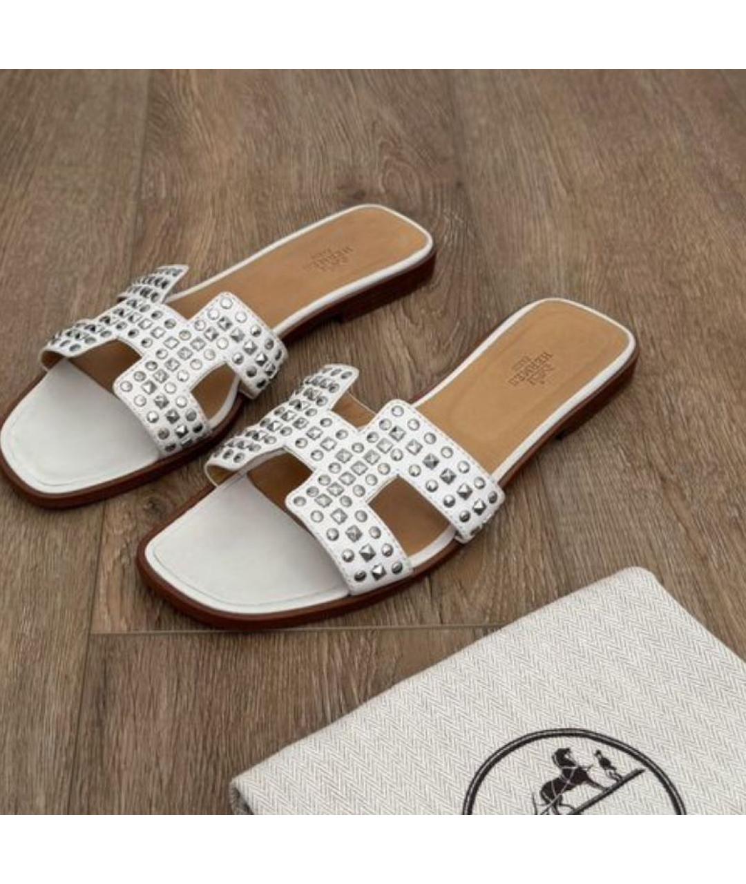 HERMES Белые кожаные шлепанцы, фото 2