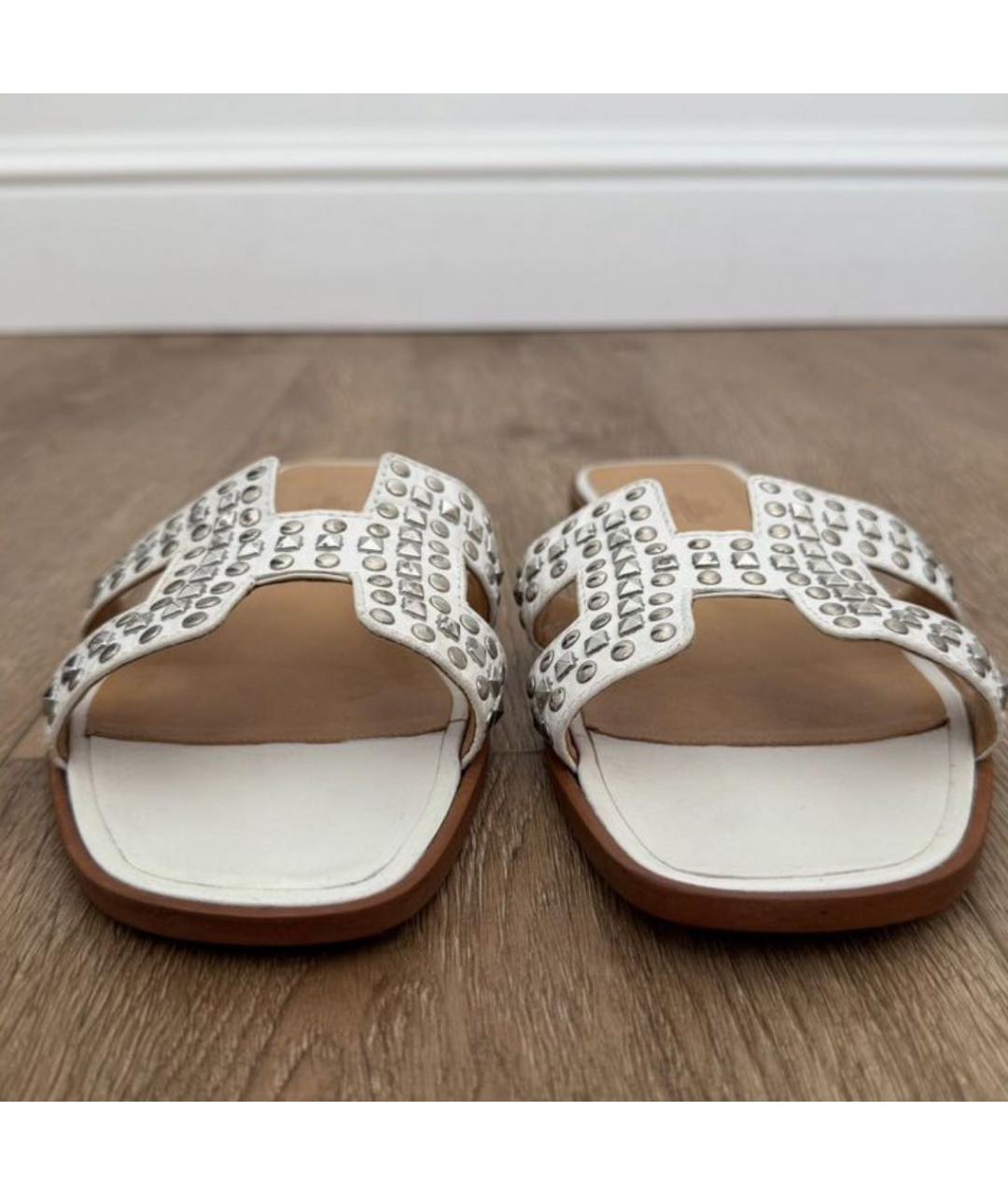 HERMES Белые кожаные шлепанцы, фото 4