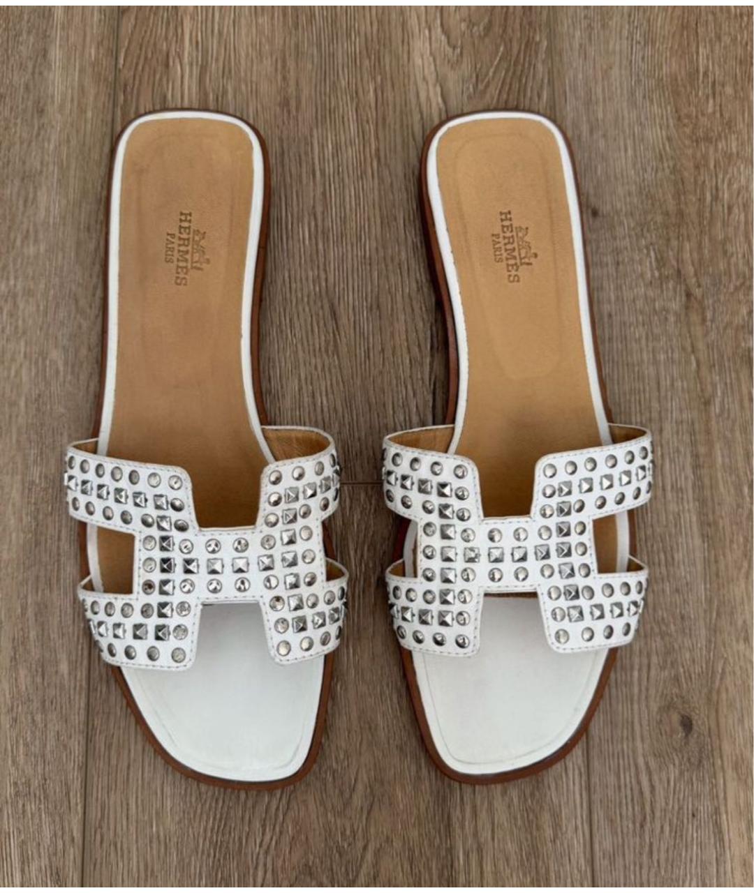 HERMES Белые кожаные шлепанцы, фото 8