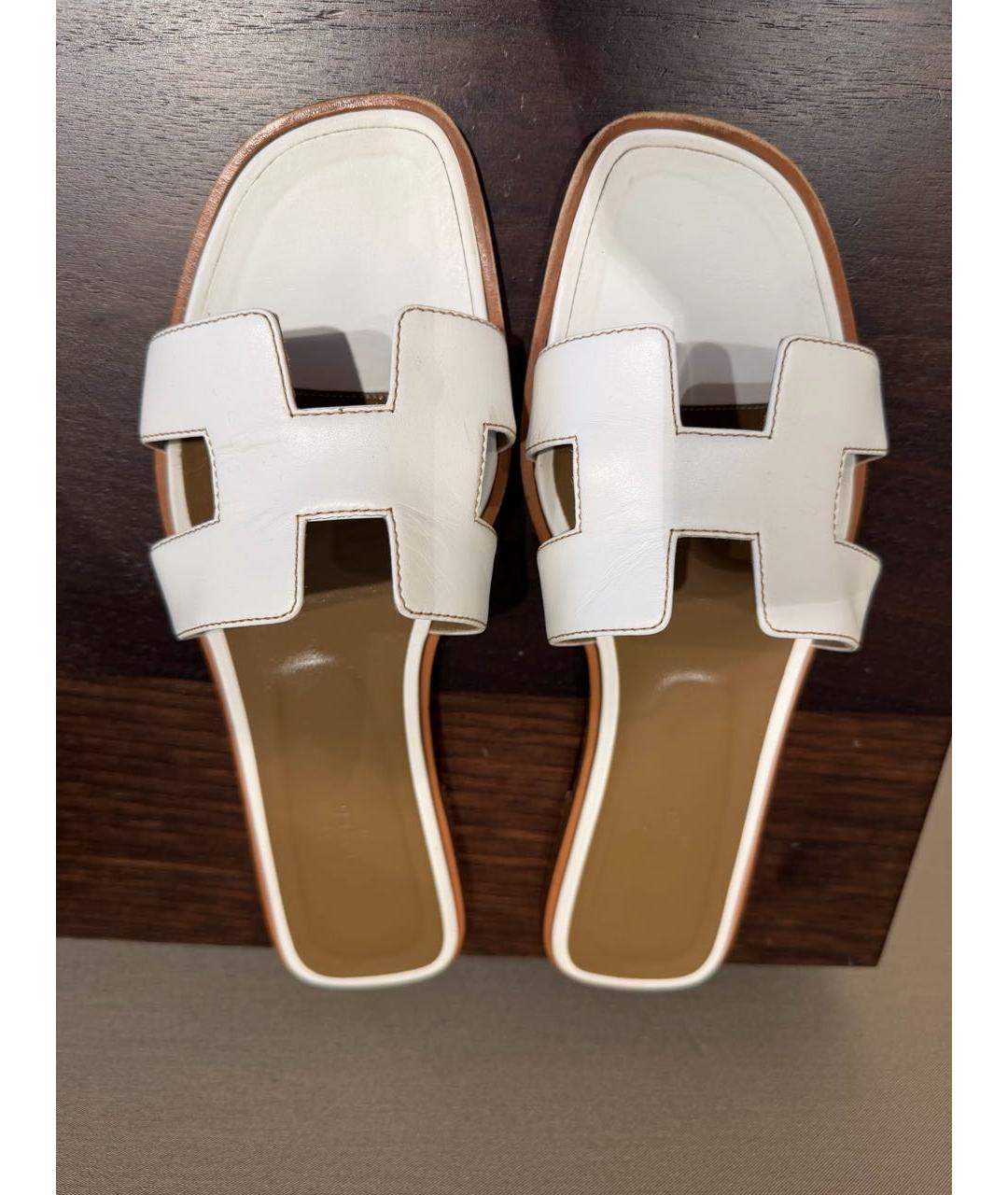 HERMES Белые кожаные шлепанцы, фото 6
