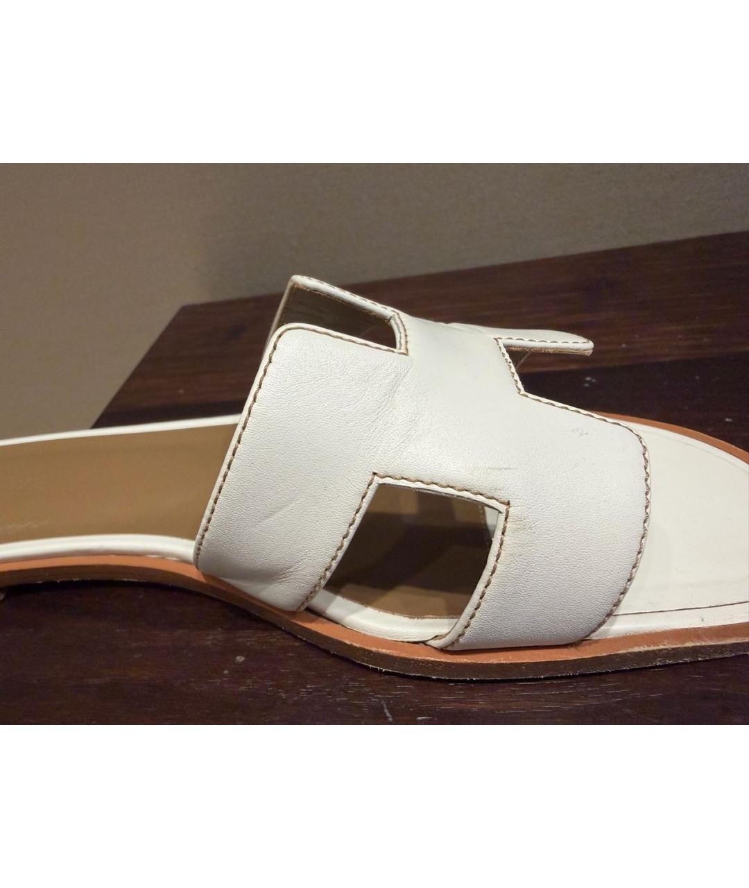 HERMES Белые кожаные шлепанцы, фото 3