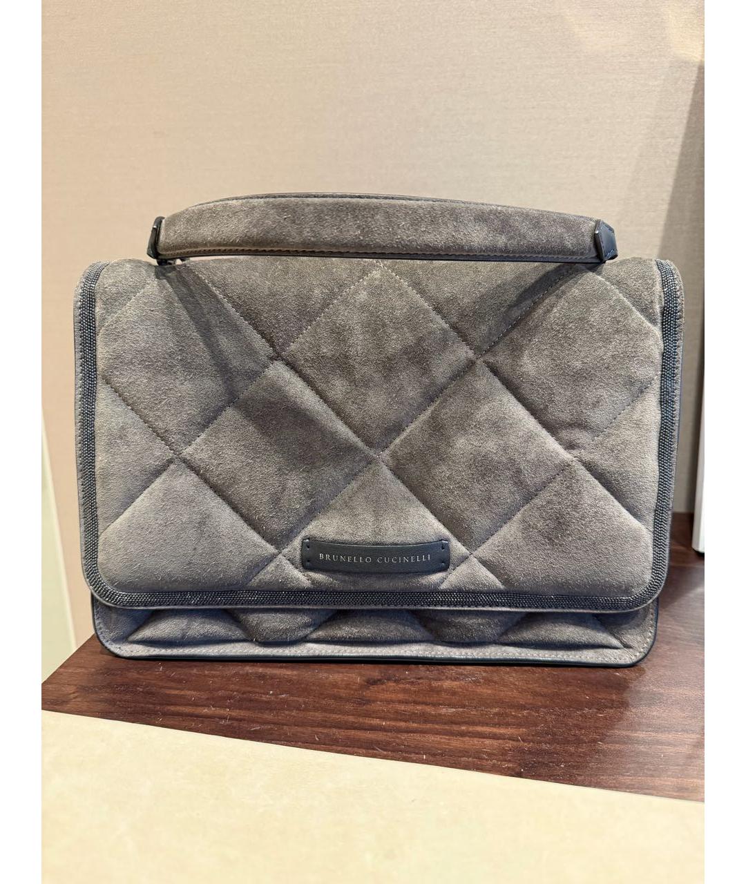 BRUNELLO CUCINELLI Серая замшевая сумка с короткими ручками, фото 4