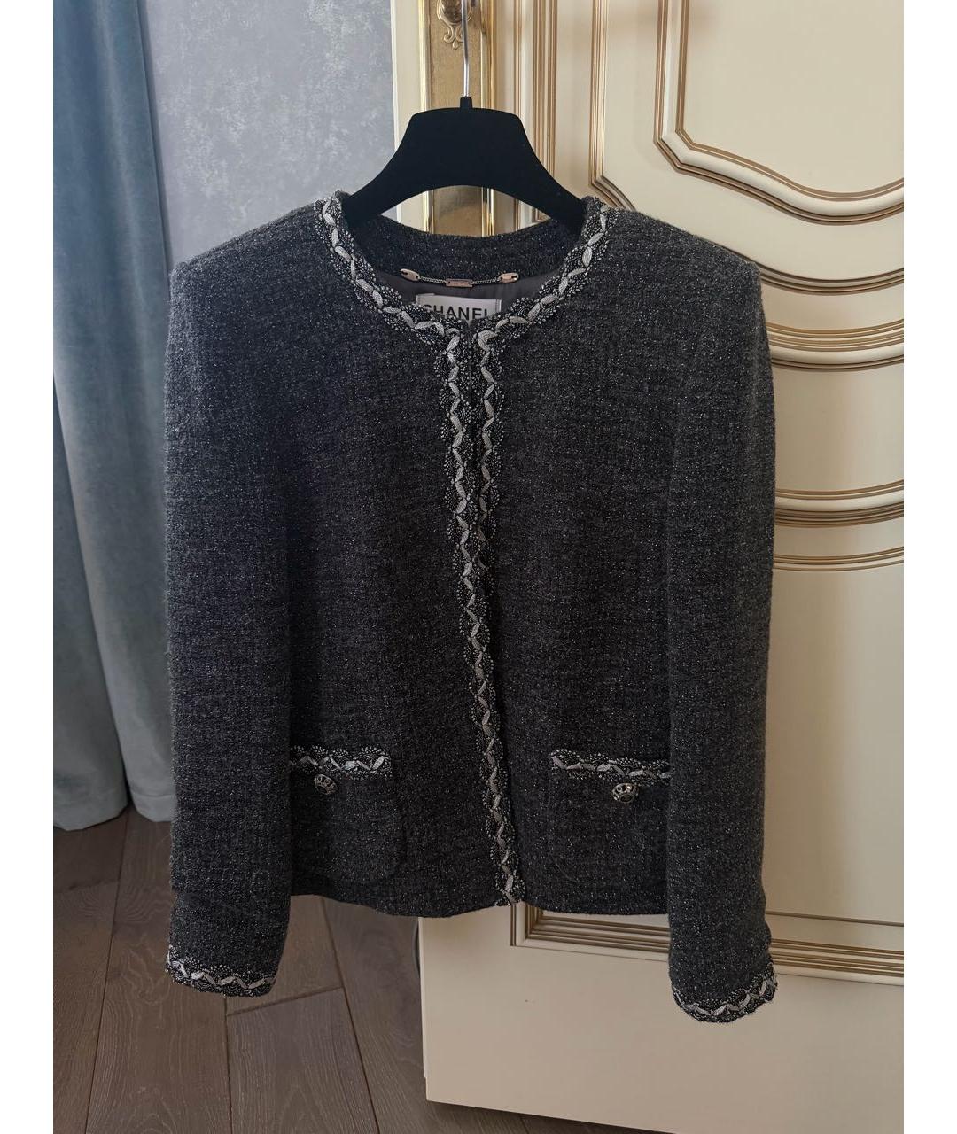 CHANEL Антрацитовый твидовый жакет/пиджак, фото 5