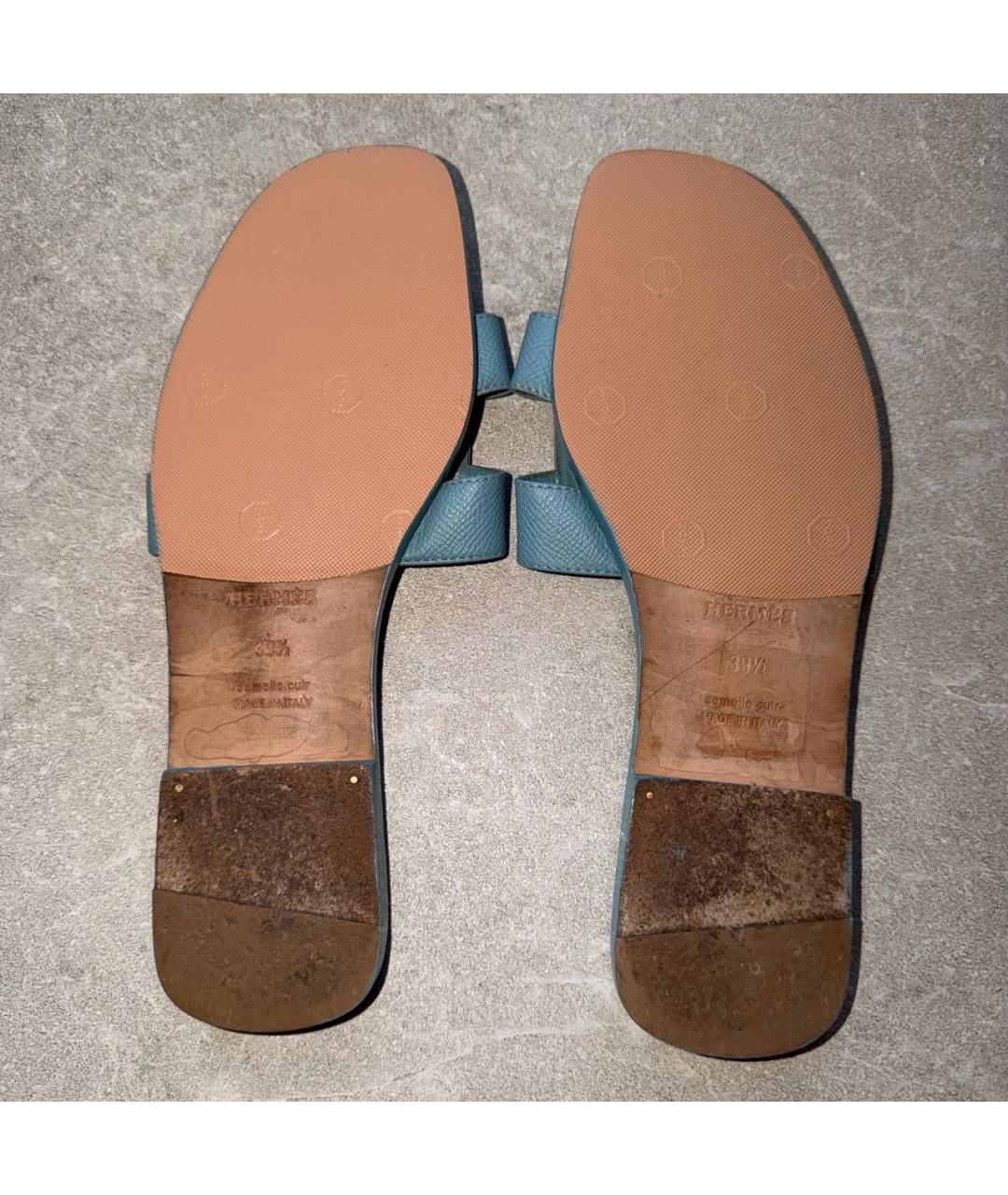 HERMES Голубые кожаные шлепанцы, фото 5