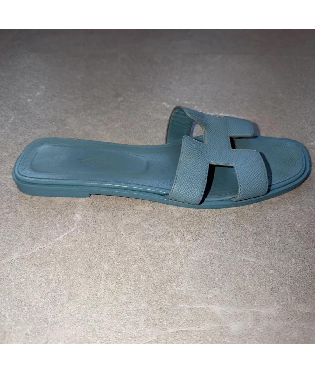 HERMES Голубые кожаные шлепанцы, фото 7