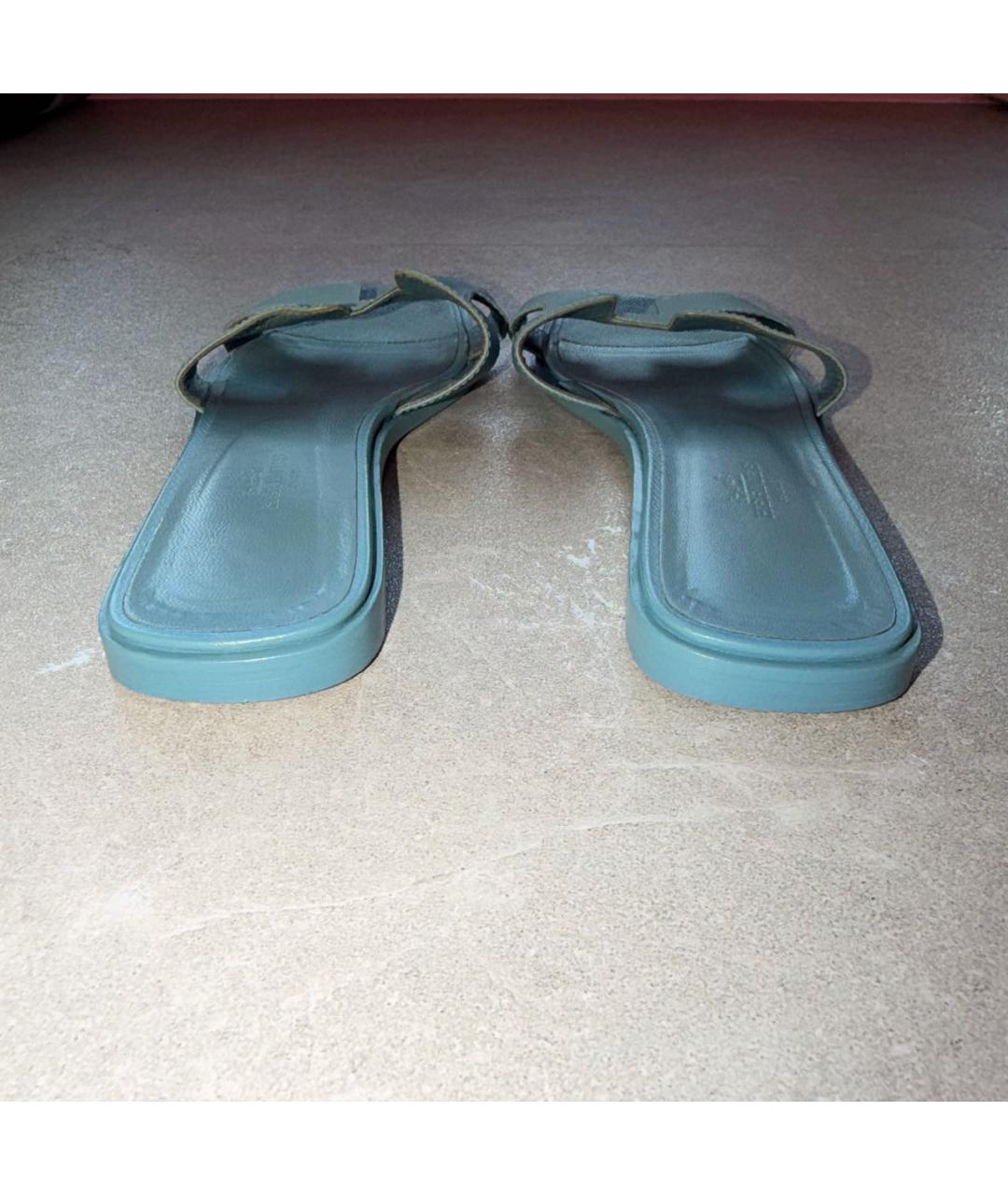 HERMES Голубые кожаные шлепанцы, фото 4
