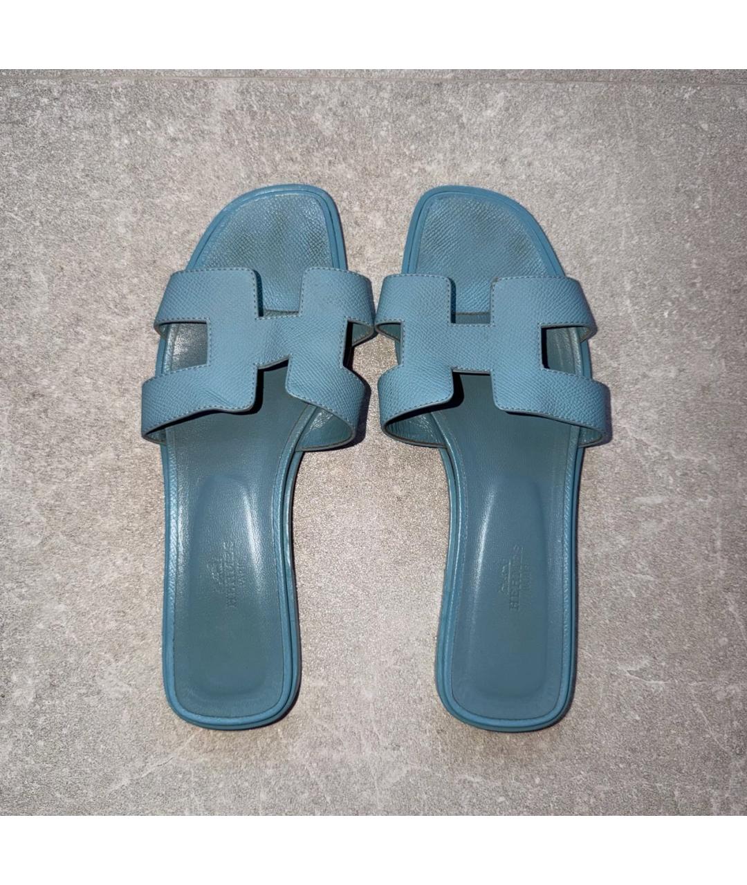 HERMES Голубые кожаные шлепанцы, фото 3