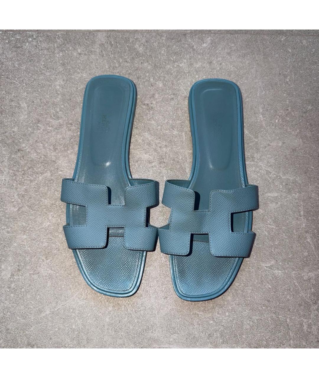 HERMES Голубые кожаные шлепанцы, фото 2