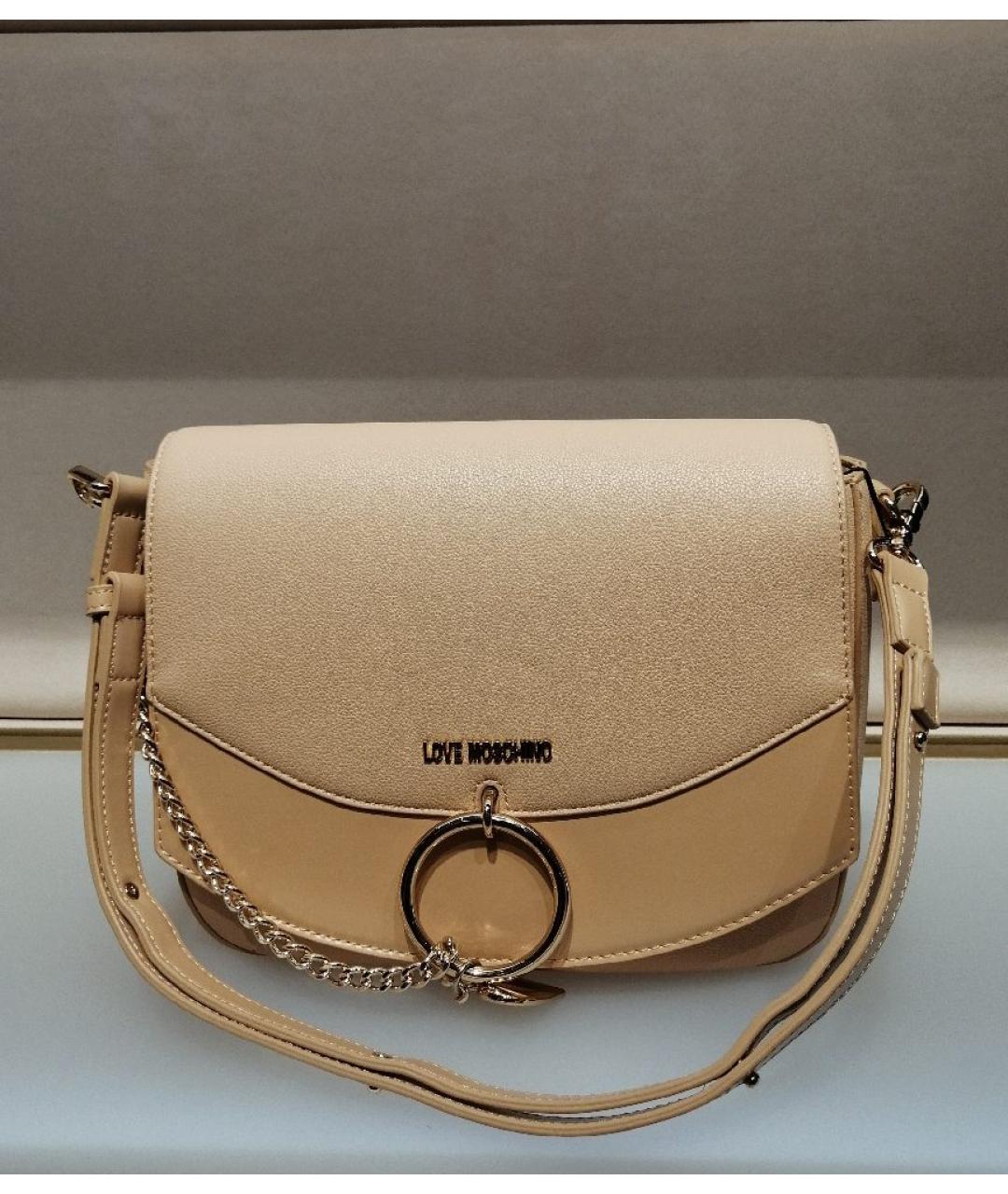 LOVE MOSCHINO Бежевая кожаная сумка с короткими ручками, фото 4