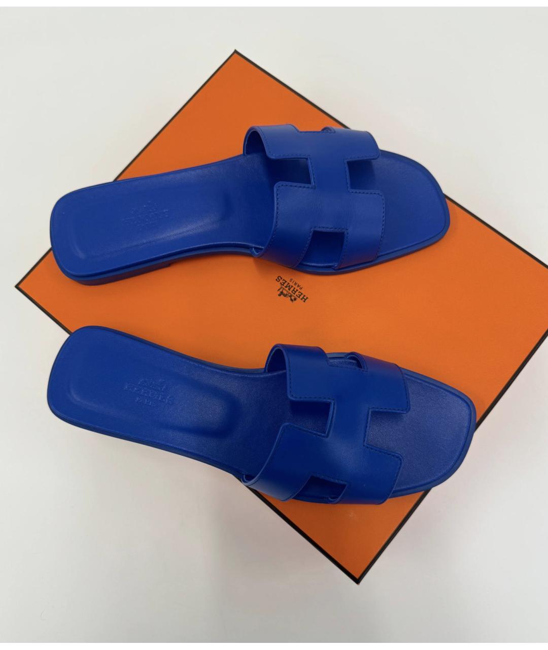 HERMES Синие кожаные шлепанцы, фото 3