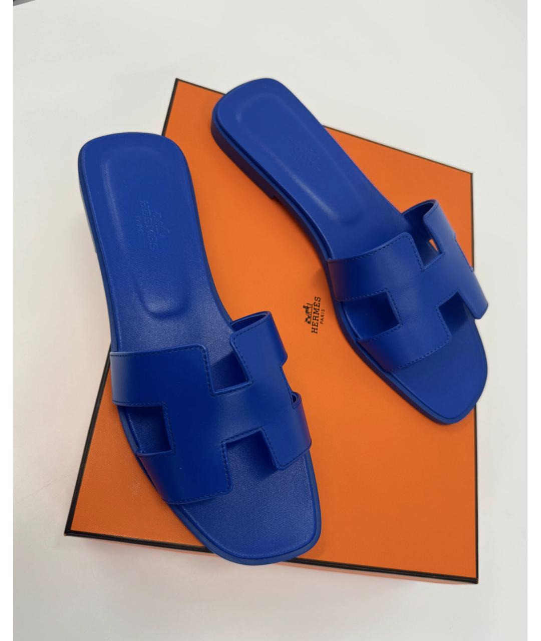 HERMES Синие кожаные шлепанцы, фото 2