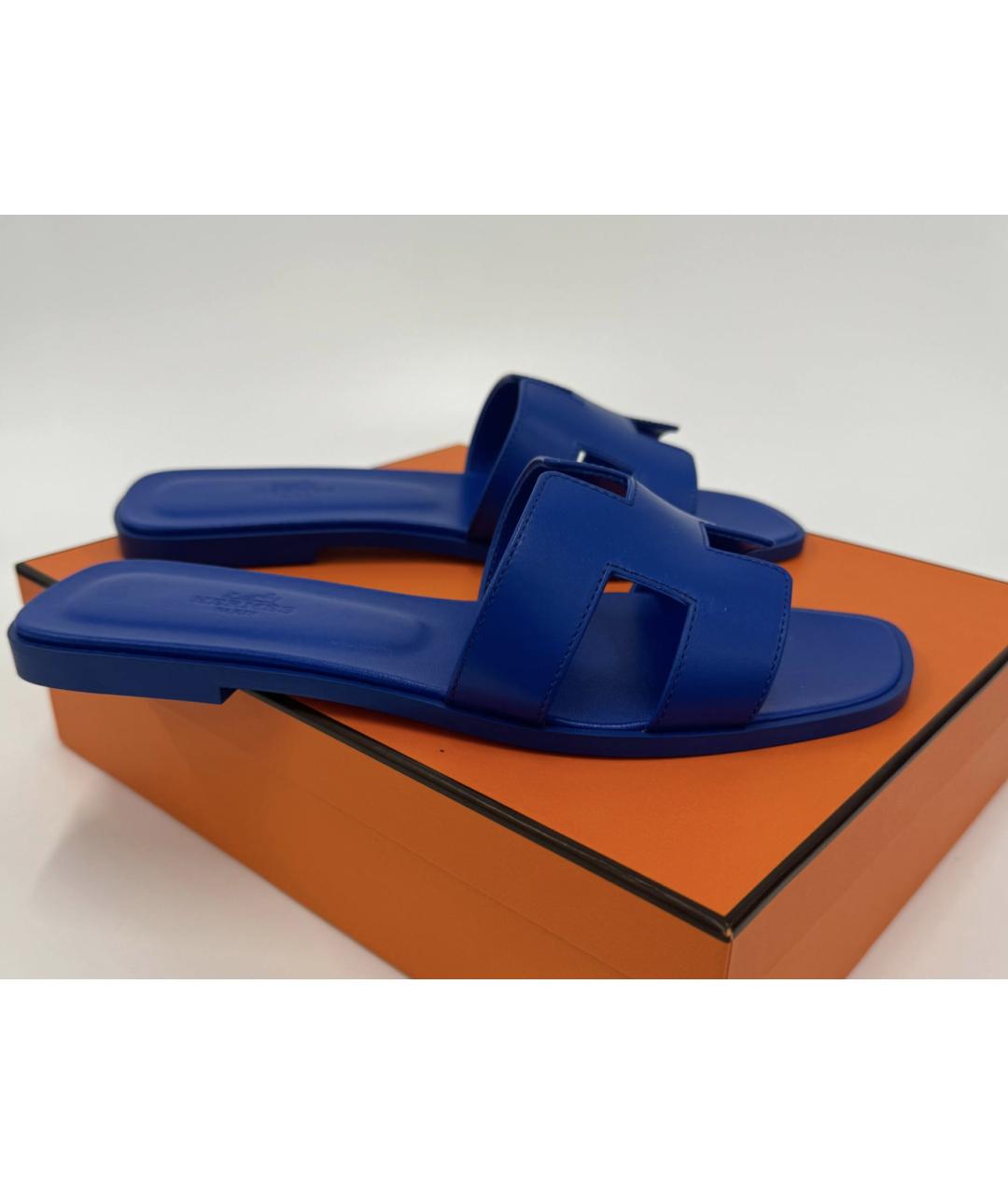 HERMES Синие кожаные шлепанцы, фото 4