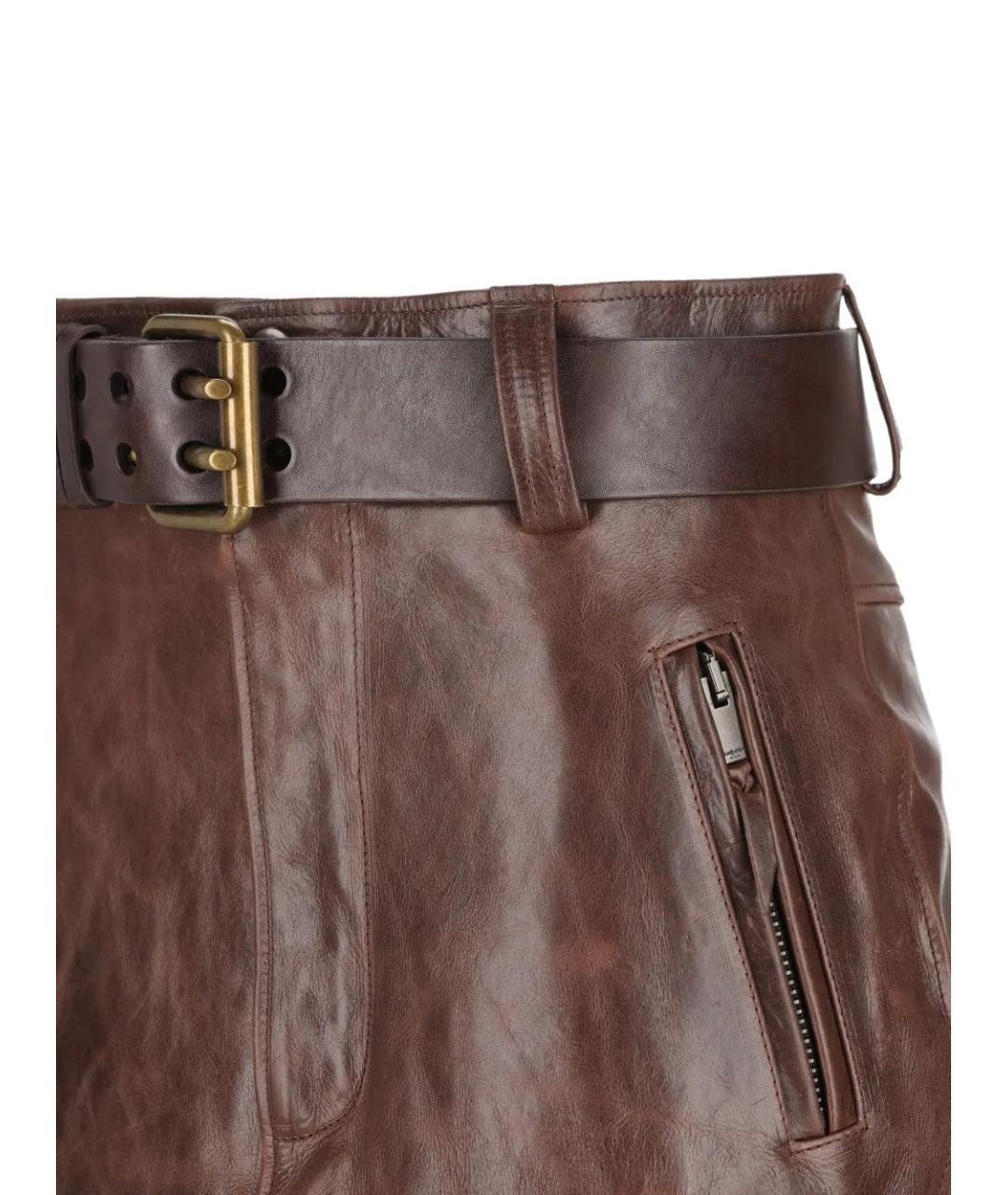 SAINT LAURENT Коричневая кожаная юбка миди, фото 4