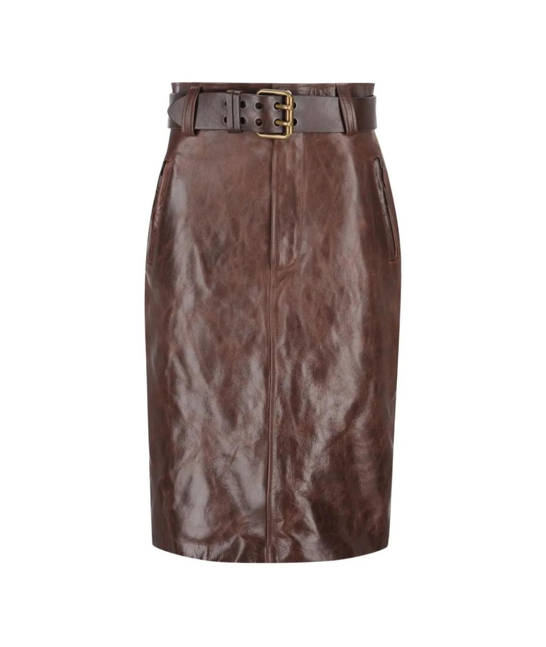 SAINT LAURENT Коричневая кожаная юбка миди, фото 1