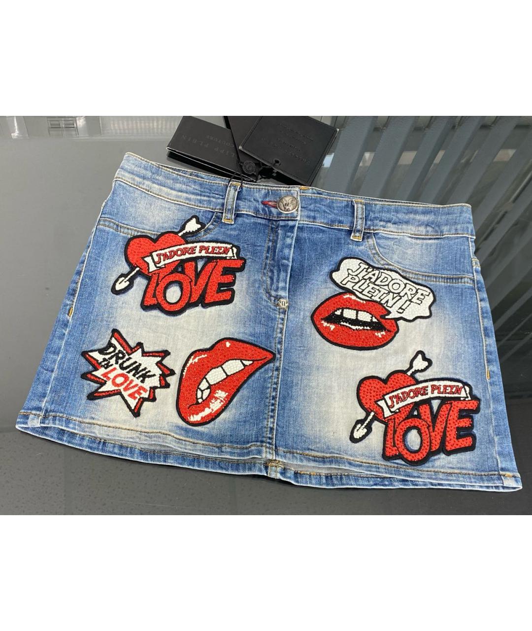 PHILIPP PLEIN Синяя хлопко-эластановая юбка мини, фото 5