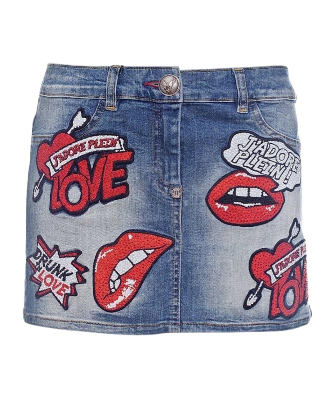 PHILIPP PLEIN Синяя хлопко-эластановая юбка мини, фото 1