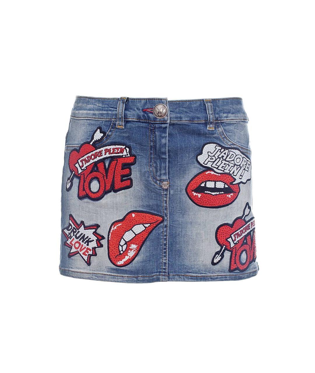 PHILIPP PLEIN Синяя хлопко-эластановая юбка мини, фото 9