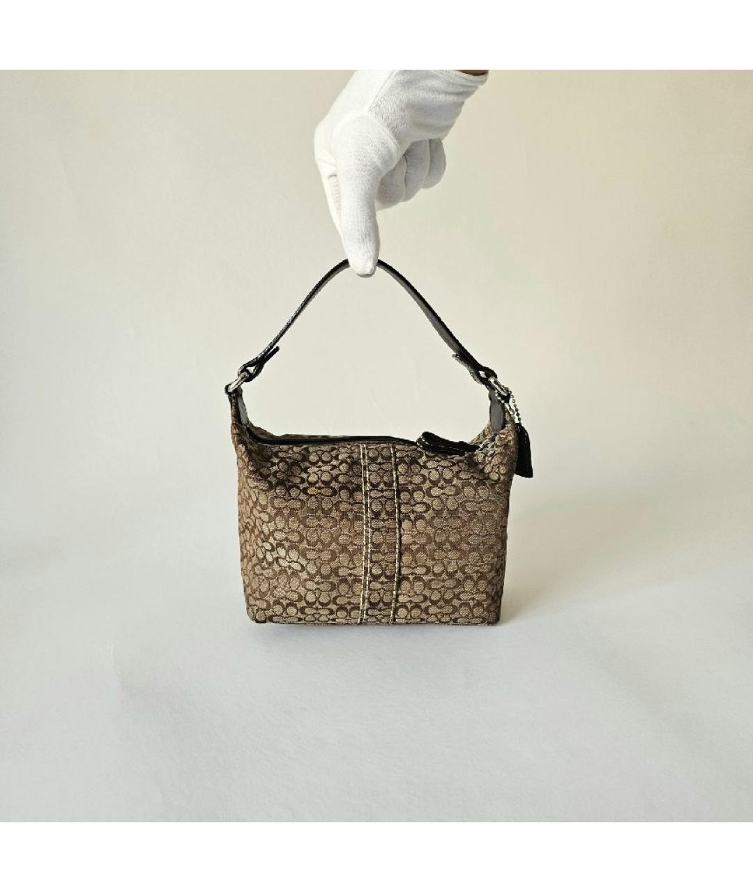 COACH Коричневая тканевая сумка с короткими ручками, фото 5