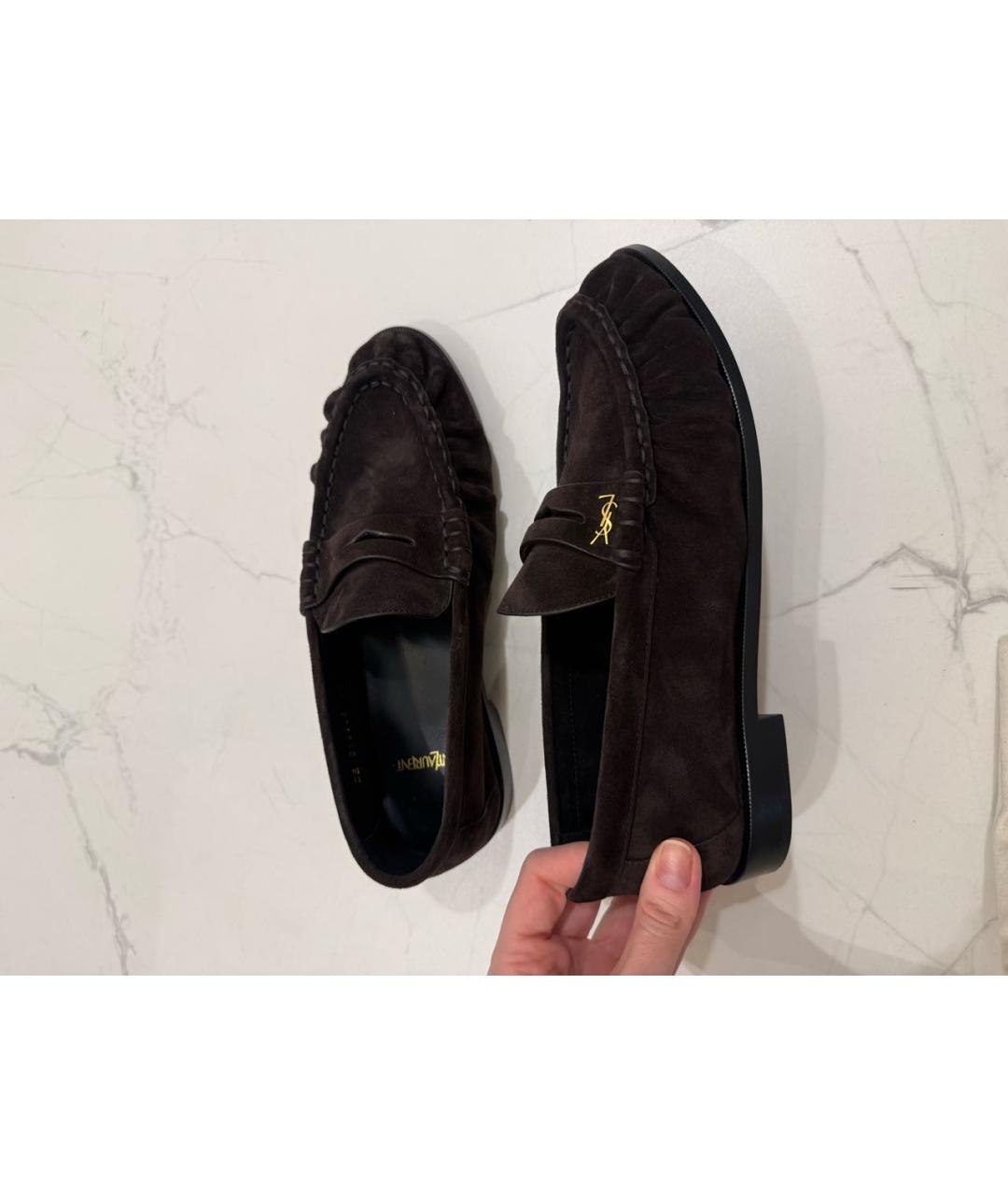SAINT LAURENT Коричневые замшевые лоферы, фото 8