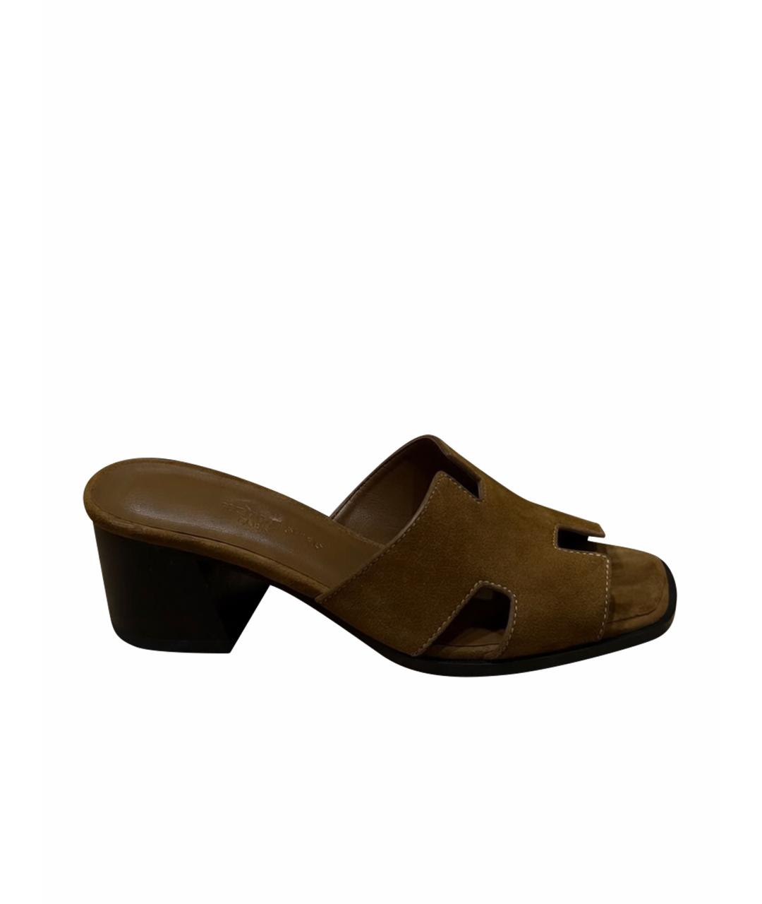 HERMES Коричневые замшевые мюли, фото 1