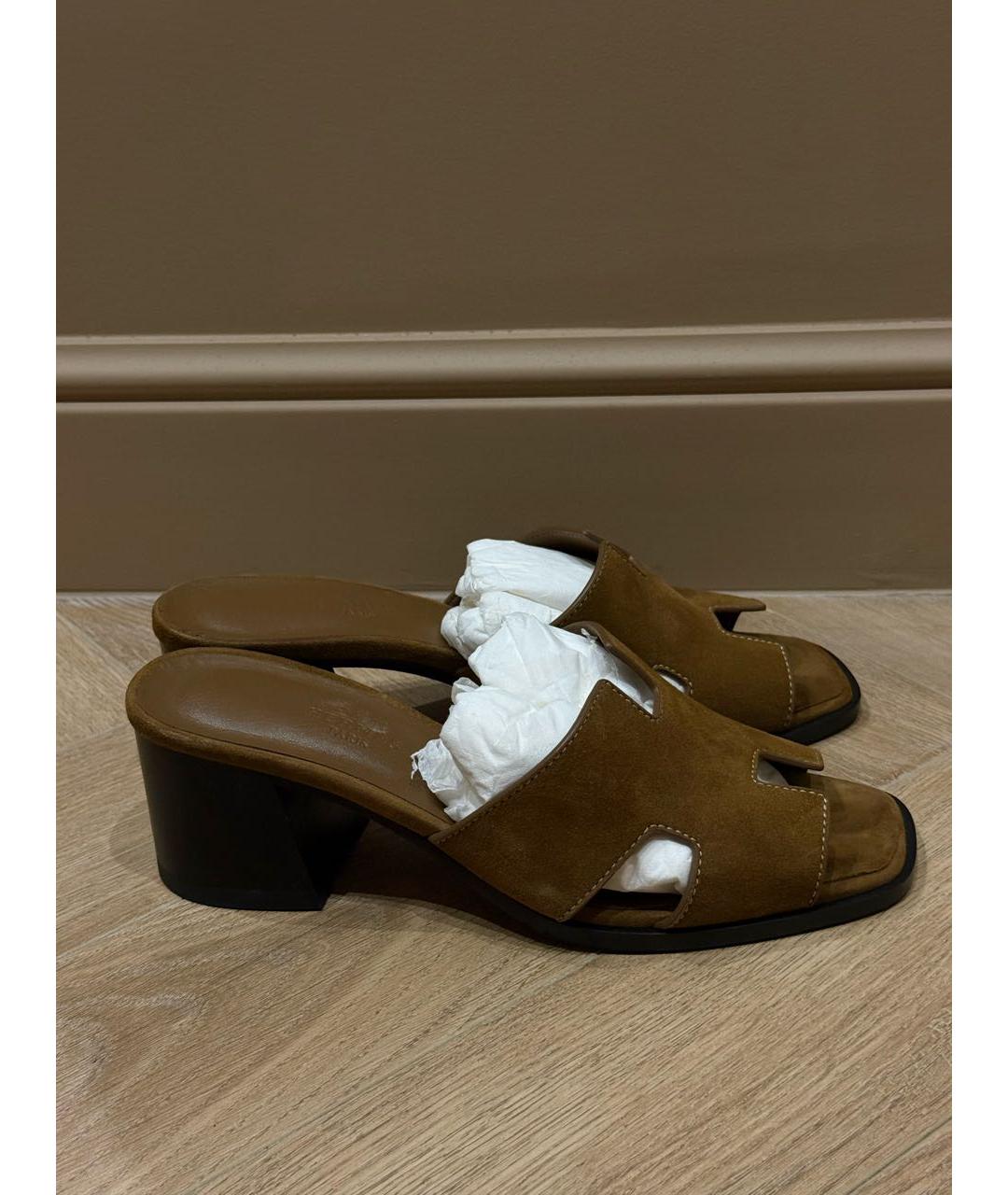 HERMES Коричневые замшевые мюли, фото 5