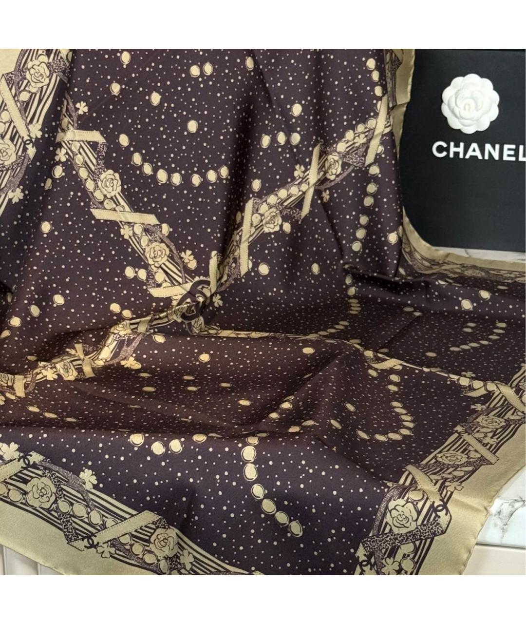 CHANEL Коричневый шелковый платок, фото 3
