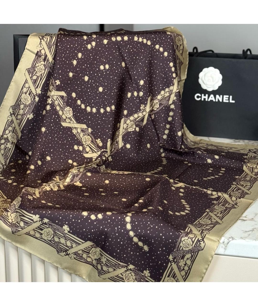 CHANEL Коричневый шелковый платок, фото 5