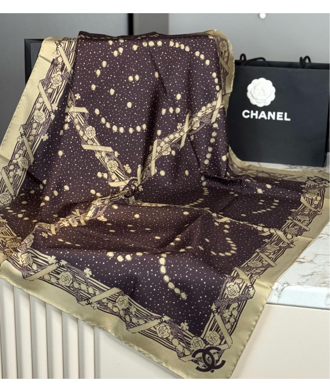 CHANEL Коричневый шелковый платок, фото 2