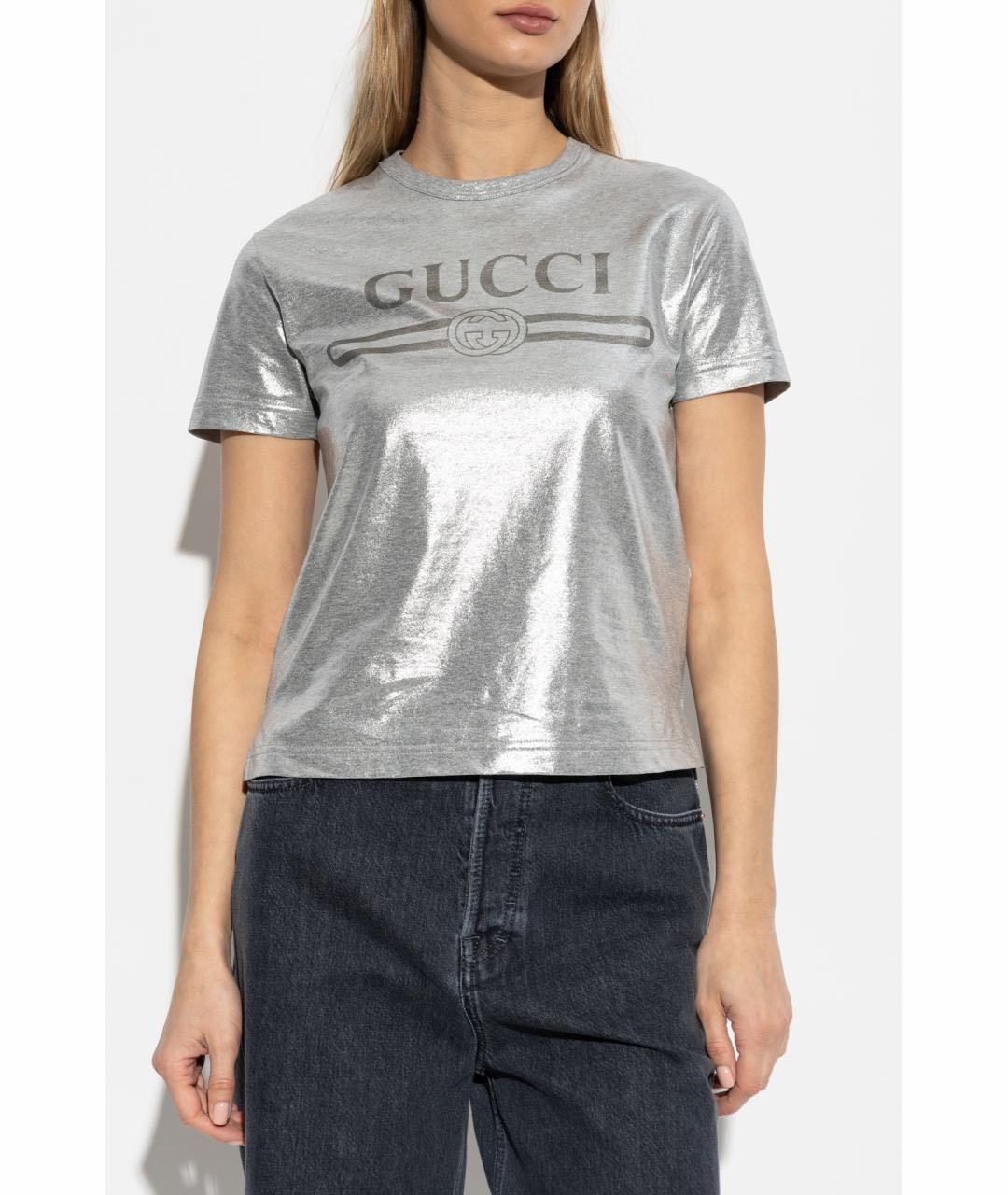 GUCCI Серебряная хлопковая футболка, фото 5