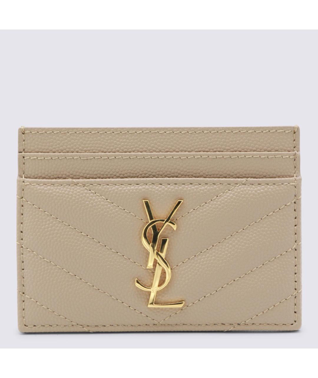 SAINT LAURENT Бежевый кожаный кардхолдер, фото 3