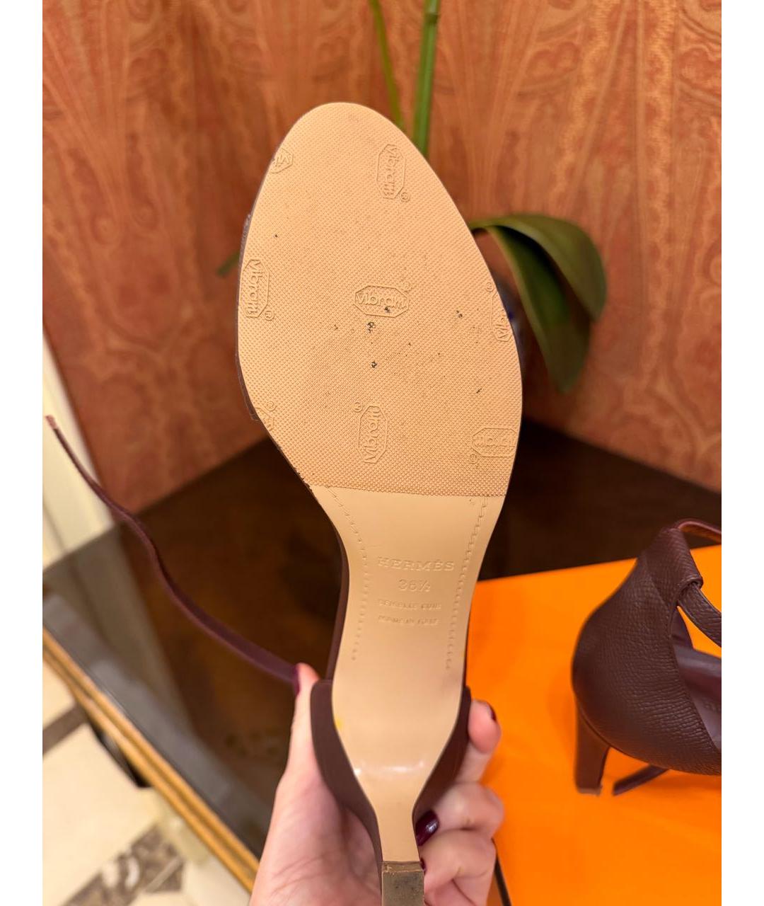 HERMES Бордовые кожаные босоножки, фото 4