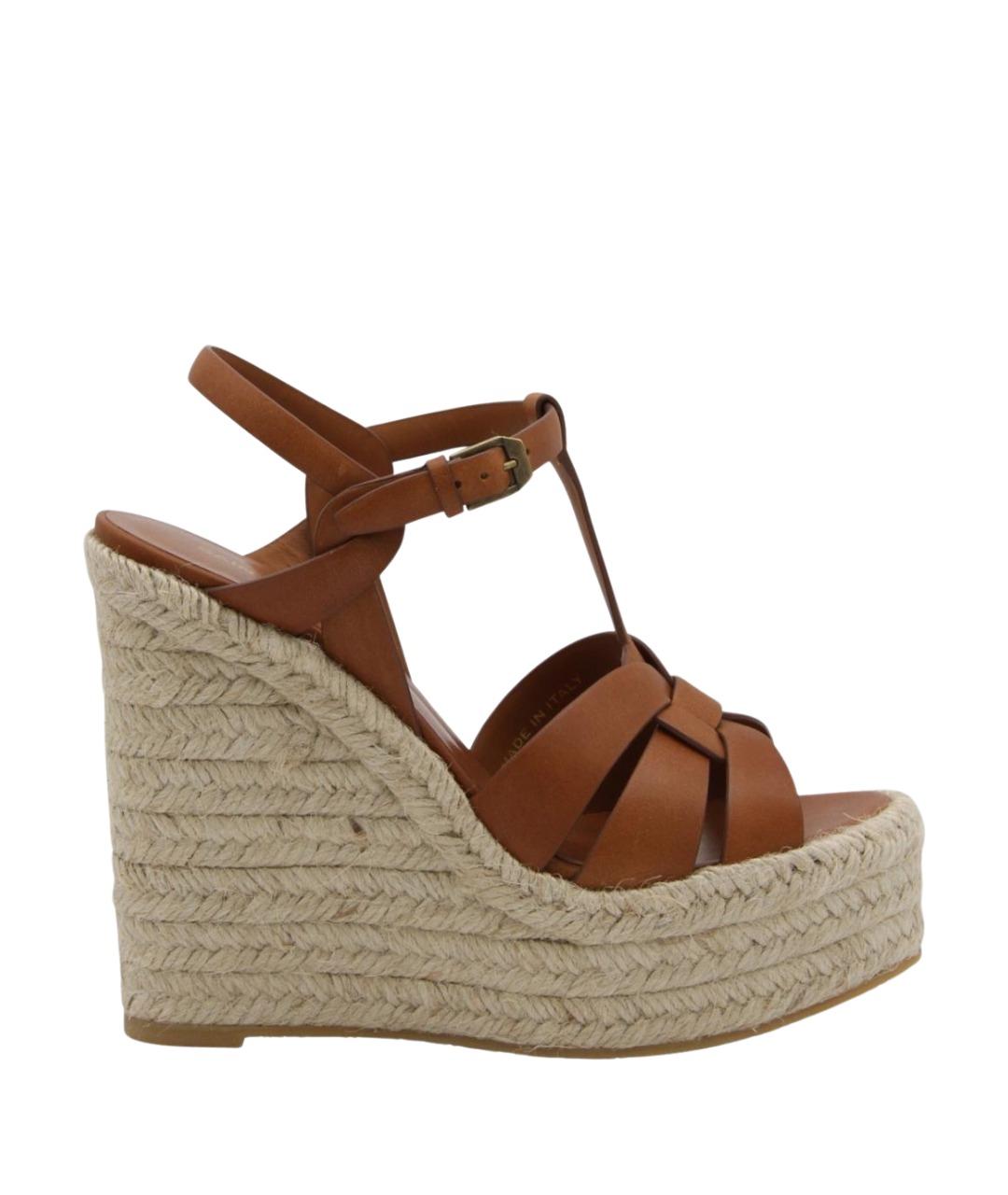 SAINT LAURENT Коричневые кожаные босоножки, фото 1