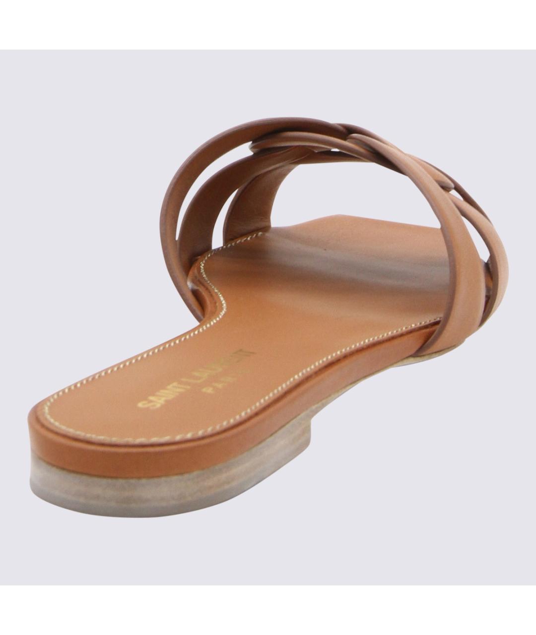 SAINT LAURENT Коричневые кожаные шлепанцы, фото 2