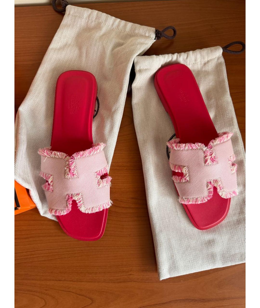 HERMES Розовые текстильные шлепанцы, фото 4