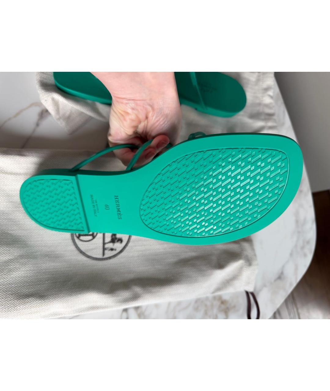 HERMES Зеленые нубуковые шлепанцы, фото 2